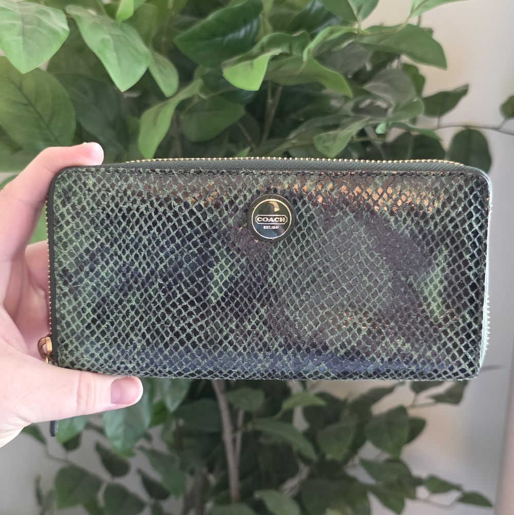 Coach Green Snake-Embossed Zip Wallet